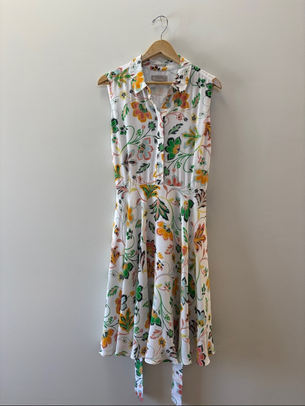 Sleeveless Floral Midi Shirt Dress in White with Green & Yellow Print
